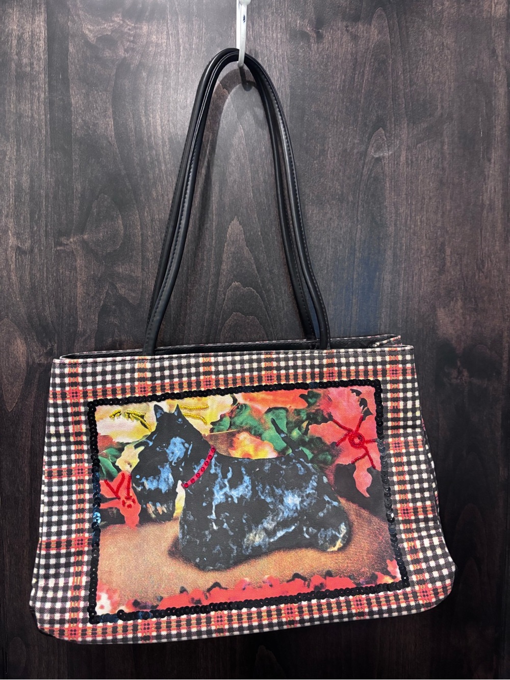 St. John's Bay Black Tote with Scottie Dog and Floral Plaid Panel
